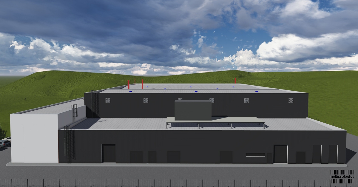 Modelo 3D de alçado lateral em vista aérea - Eurocast Arcos - CONSTRUÇÃO INDUSTRIAL - Multiprojectus